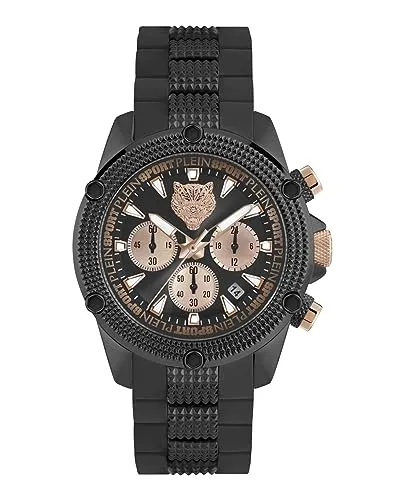 Plein Sport PSDBA0323 Hurricane Uhr 44 mm - Herren Chrono Uhr von Plein Sport, IP Black Edelstahlgehäuse, 44 mm Durchmesser, stilvolles Design mit Silikonarmband und Dornschließe, ideal für modebewusste Männer.