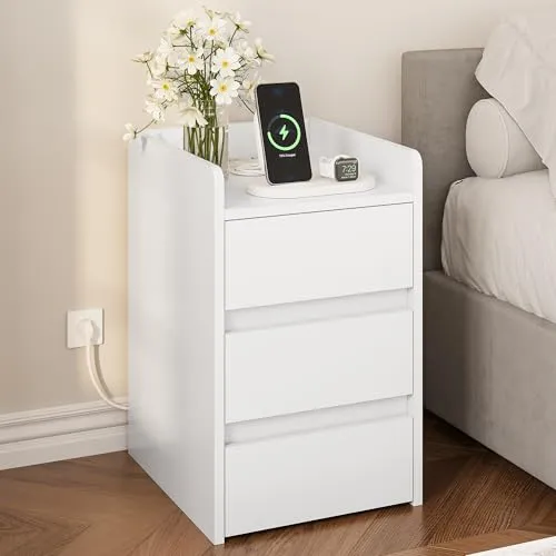 YITAHOME Nachttisch mit 3 Schubladen Netzteil Weiß 2 USB-Anschlüssen