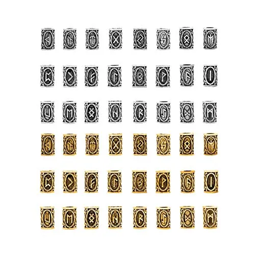 Monsully 48 Stück Bartperle Wikinger, Nordische Runen Perlen,Haar Bart Perlen,Nordischen Wikinger Runen Haar Bart Perlen,Anhänger DIY Armband Schmuck(Uraltes Silber+Ancient gold)