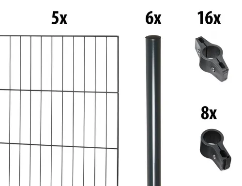Einstabmattenzaun mit Rundpfosten 10 m - Anthrazit - Zäune, stabiler Einstabmattenzaun mit 5 Elementen und 6 Rundpfosten, ideal für ein sicheres und modernes Gartenambiente.