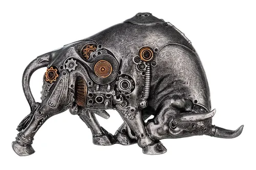 GILDE Skulptur Steampunk Bullflight - Figuren & Skulpturen, beeindruckende Stier Figur in antik silberfarben mit kupferfarbenen Elementen, ideal für stilvolle Dekoration.