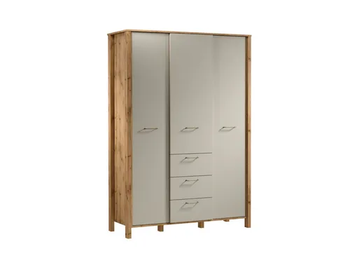 Garderobenschrank mit Kleiderstangen und Ablageflächen - Moderner Kleiderschrank (200 cm hoch, 138 cm lang) mit 3 Türen, 8 Regalfächern und 3 Schubladen. Ideal für Schlafzimmer, bietet viel Stauraum und eine stilvolle Lösung für Ihre Kleidung.