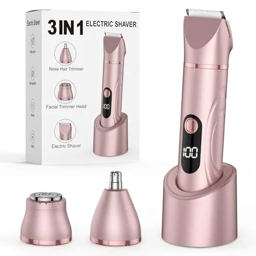 Produktbild Rasierer Damen, 3-in-1 Intimrasierer für Frauen Elektrisch für Körper Scham und Nasenhaartrimmer Nass- und Trockengebrauch Wiederaufladbarer Trimmer IPX6 Wasserdicht (Roségold)