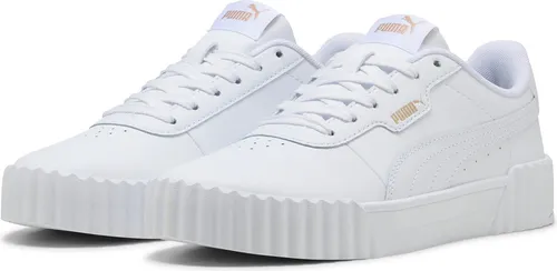 PUMA Damen Sneaker Carina 3.0 - Weiß/Gold, Modische Retro-Silhouette - Sneaker für Damen mit klassischem 80er-Stil, aus mindestens 30% recycelten Materialien und SoftFoam+ Innensohle für optimalen Komfort.