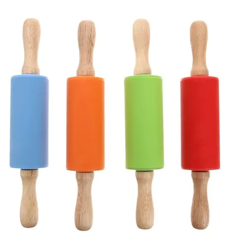 STOBOK Mini Nudelholz Kinder Holzgriff Nudelholz Silikon Teigroller für die Wohnküche,4er Pack (rot grün orange blau)