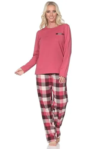 Normann Damen Schlafanzug lang Pyjama mit Karierter Flanell Schlafhose, Altrose, Größe 36-38 - Kuscheliger Flanell-Schlafanzug für kalte Nächte: Oberteil aus weichem Jersey mit Rundhalsausschnitt und lange Flanellhose im eleganten Karo-Look. Ideal für gemütliche Homewear oder Nachtwäsche.