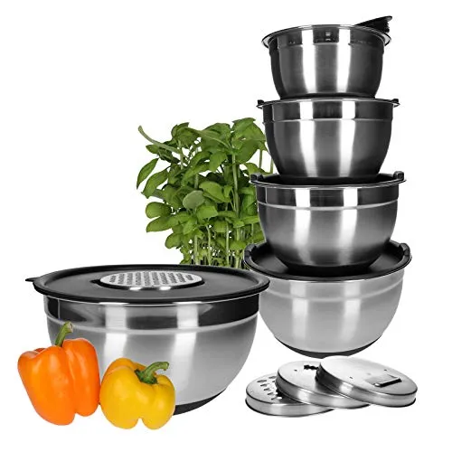 15tlg Set Edelstahl Rührschüssel 18/10 mit Deckel und Reibeeinsätzen - Vielseitiges Rührschüssel-Set aus rostfreiem Edelstahl 18/10 mit 4 Reibeeinsätzen, ideal für Kochen und Backen – langlebig, hygienisch und platzsparend stapelbar.