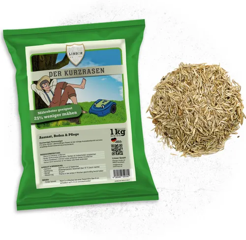 Linsor Kurzrasen, 1 kg schnellkeimend - Gräsersamen für strapazierfähigen Rasen, wächst schnell und reduziert den Mähaufwand um 25%. Ideal für beanspruchte Flächen, sowohl in Sonne als auch Schatten.