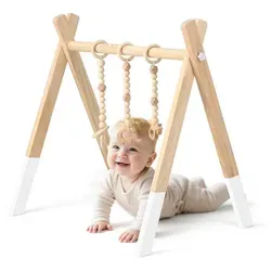 COSTWAY Baby Spielbogen Holz, Spieltrapez klappbar, Baby Gym mit 3 abnehmbaren Kinderspielzeugen, Spieltrapez für Babys über 3 Monate, Holzspielz...