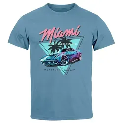 Neverless Print-Shirt Herren T-Shirt Bedruckt Miami Beach Surfing Motiv USA Retro Automobil mit Print blau XL