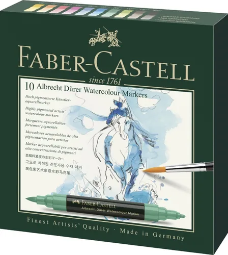 Faber-Castell Aquarellmarker Albrecht Dürer - 10er Set mit Doppelspitze - Schreibutensilien mit hoch pigmentierter Aquarelltinte, ideal für ausdrucksstarkes Zeichnen und malerisches Arbeiten. Die weiche Pinselspitze ermöglicht flächigen Farbauftrag, während die stabile Faserspitze für präzise Konturen sorgt.
