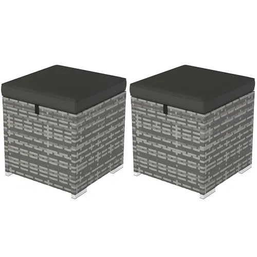 Outsunny Dunkelgrau Rattan-Hocker mit Stauraum - Gartenmöbel mit verstecktem Stauraum, vielseitig als Fußstützen oder Beistelltische einsetzbar, wetterfest und stilvoll für den Außenbereich.