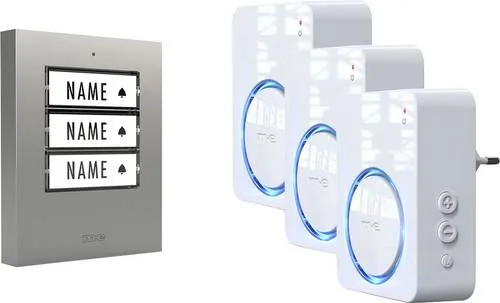 M-e modern-electronics 100168 Funkklingel Komplett-Set mit Bewegungsmelder - Praktisches Funkklingel Komplett-Set mit beleuchtetem Namensschild und klangaktiver Funktion. Ideal für jeden Eingangsbereich.