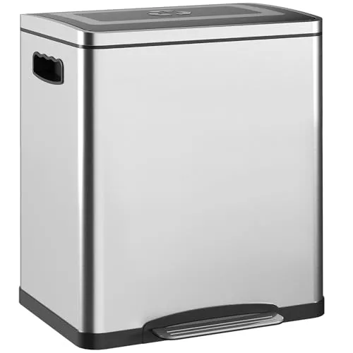 HOMCOM Küchenabfalleimer 2 x 15L Treteimer 2 Fächer, Edelstahl mit weich schließendem Deckel, abnehmbare Eimer, 40L x 34,8l x 47,5H cm Silber