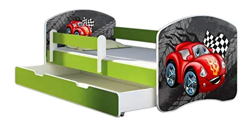 ACMA Kinderbett Jugendbett mit Einer Schublade und Matratze Grün mit Rausfallschutz Lattenrost II 140x70 160x80 180x80 (05 Rote Auto, 180x80 + Bettkasten)