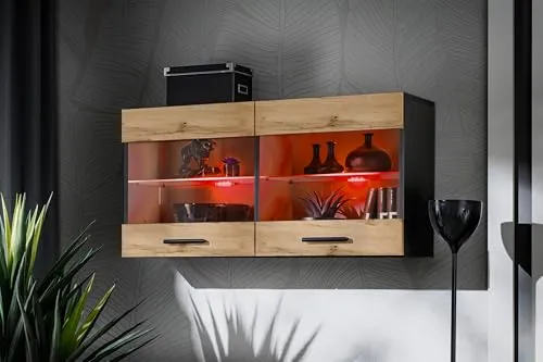Komodee, Vitrine Schrank Savona, Wotan/Schwarz, Breite 100cm x Höhe 50cm x Tiefe 30cm, LED RGB, 2 Glasböden, 2 Türen, für Wohnzimmer, Küche