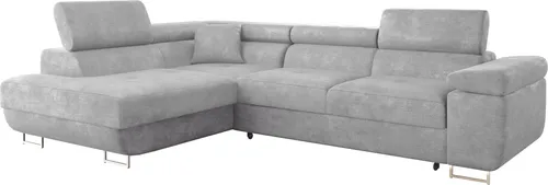 MIRJAN24 Ecksofa Torezio - Stilvolle Eckcouch mit Schlaffunktion und Bettkasten, Grau - Ecksofa Torezio mit Schlaffunktion und praktischem Bettkasten. Ideal für modernen Wohnraum, bietet Komfort und Platz. Maße: 274x203 cm, Schlaffläche 198x125 cm.
