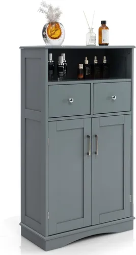 COSTWAY Badezimmerschrank, freistehender Aufbewahrungsschrank mit 2 Türen, 2 Schubladen & 2 verstellbaren Regalen, Lagerschrank mit Kippsicherung
