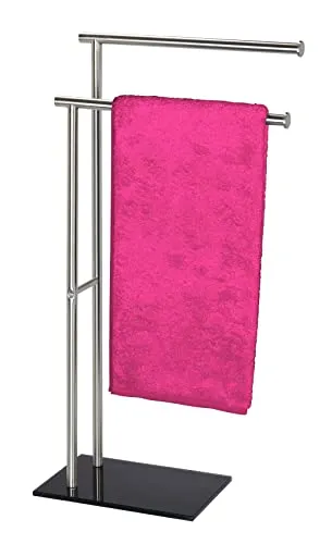 WENKO Handtuchständer Mod. Lima – Eleganter Handtuchhalter aus Edelstahl - Handtuchhalter für Bad und Schlafzimmer, mit 2 Handtuchstangen und sicherem Standfuß aus schwarzem Glas – ideal für schnelles Trocknen und stilvolle Aufbewahrung.