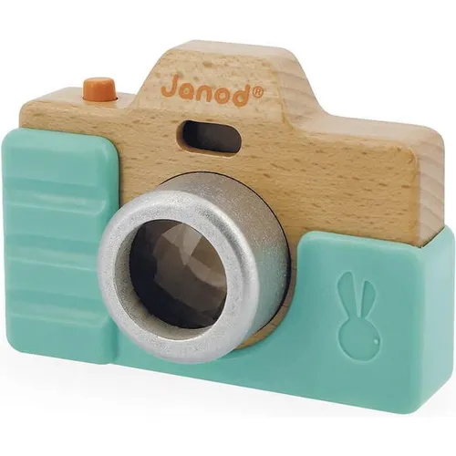 Janod - Spielkamera - Rollenspielzeug aus Holz - Ton und Licht - Entwicklungsspielzeug Stimulation der Sinne und Motorik - Silikonhülle - Wasserfarbe - Ab 18 Monaten, J05381, Blau