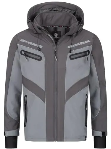 Rock Creek Herren Softshell Jacke H-314 - Grau 4XL - Outdoor Softshelljacke für Herren, winddicht und wasserabweisend, ideal für Freizeit und Aktivitäten im Freien. Hoher Tragekomfort mit abnehmbarer Kapuze und reflektierenden Details für mehr Sichtbarkeit.