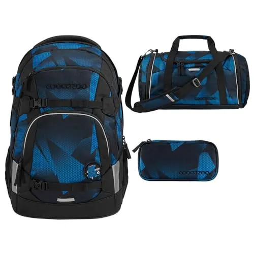 coocazoo MATE Schulrucksack-Set 3tlg (Electric Ice) - Schulranzen-Set mit Rucksack, Sporttasche und Schlamperbox. 30 Liter Stauraum, ergonomisches EASY GROW SYSTEM und individuelle Gestaltung mit Klett-Patches für einen coolen Look.