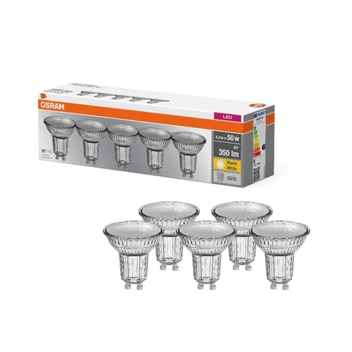 OSRAM LED BASE PAR16 GU10 Strahler 4.3W - Leuchtmittel mit 50W Äquivalent, dimmbar und ideal für stimmungsvolle Beleuchtung. Lebensdauer bis zu 19.999 Stunden, warmweißes Licht für Innenräume.