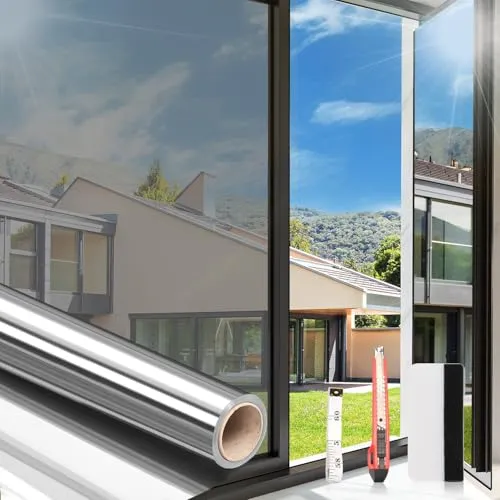 Arthome Fensterfolie 60x254cm Sonnenschutz Spiegelfolie Fenster Sichtschutz Tönungsfolie für Anti-UV Fenster Hitzeschutz Spiegelfolie Selbstklebend Glasfolie für Zuhause und Büro mit Werkzeug,Silber