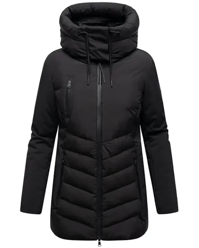MARIKOO Damen Winter Steppjacke gesteppt Winterjacke Softshell Material, abnehmbarer Kapuze, gefüttert Tivaa XS - 3XL (DE/NL/SE/PL, Alphanumerisch, XXL, Regular, Regular, Schwarz)