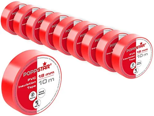 POPPSTAR PVC Isolierband 10m (18mm breit, 0,18mm stark), rot, 10 Rollen