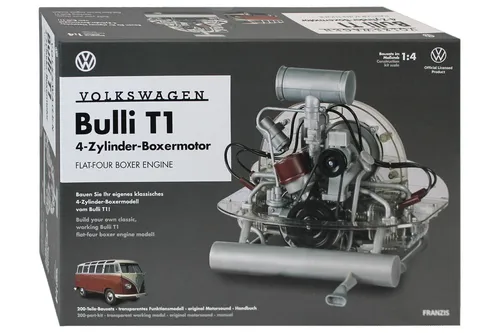 FRANZIS 67152 Volkswagen VW Bulli T1 Boxermotor - Auto-Modellbausatz mit 200 Teilen, originalgetreuer 4-Zylinder Motor im Maßstab 1:4, inklusive Soundmodul für realistischen Motorsound und detaillierter Anleitung.