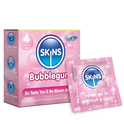Skins Sexual Health Kondome mit Kaugummigeschmack, Multipack, kein Latexgeruch und zusätzliche Schmierung für maximalen Komfort und Vergnügen, dünn und sicher (farblos, 4 Stück, 1 Stück)