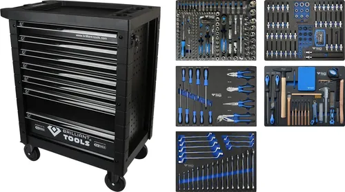 Brilliant-Tools Werkzeugwagen BT153347, 347-teilig, schwarz - Werkzeugschrank mit 7 Schubladen und umfangreichem 347-teiligem Werkzeug-Sortiment, ideal für Profis und Hobbyhandwerker. Robuste Bauweise mit Zentralverriegelung und durchgehenden Kantenschutz.