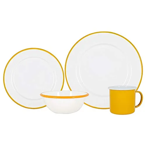Argon Tableware Weißes Emaille -Abendessen - 25,5cm - 16pc - Gelb