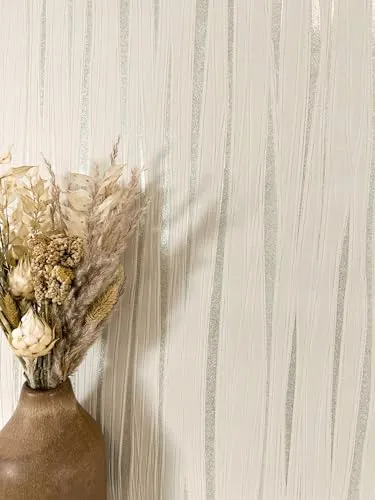 Newroom Tapete Creme Vliestapete Linien - Streifentapete Streifen Silber Wellen Glitzer Glitzertapete Glamour Geschwungene Linien Klassisch inkl. Tapezier-Ratgeber