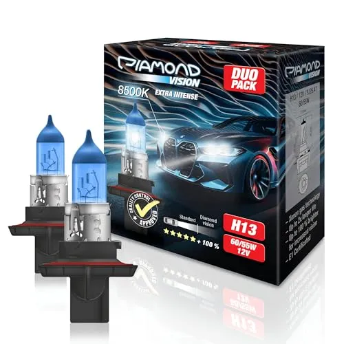 Diamond Vision 2x H13 12V 60/55W | Xenon Look Halogenlampen - Außenlampen mit 8500K Super Ultra White Licht für bis zu 100% helleres und langlebigeres Fahren. Ideal für Sicherheit und Sichtbarkeit auf der Straße.