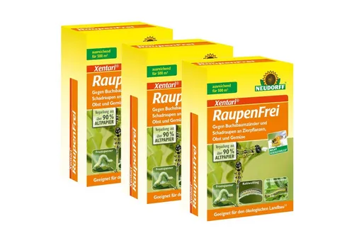 Neudorff Insektenspray Raupenfrei XenTari 3x 25 g - Insektizid gegen Schädlinge wie Buchsbaumzünsler und Kohlmotte, ideal für Zierpflanzen und Gemüse, mit natürlichem Wirkstoff Bacillus thuringiensis.