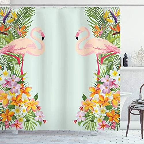 ABAKUHAUS Flamingo Duschvorhang, Tropische Blumen Tiere, mit 12 Ringe Set Stielvoll Modern, 175x200 cm, Babyblau Orange
