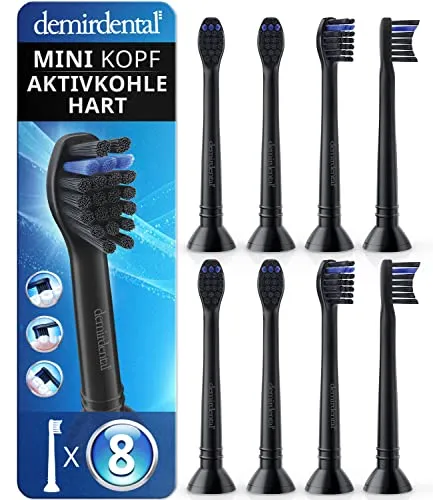 8er demirdental Mini Aktivkohle Aufsätze für Philips Sonicare - Ersatzzahnbürsten mit konturierten Borsten für sanfte Reinigung und maximale Zahngesundheit, kompatibel mit allen Philips Sonicare Modellen.