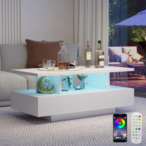 Puluomis Couchtisch mit Schublade, RGB Lichtleiste mit App Steuerung, Fernbedienung, Kaffeetisch Wohnzimmertisch Sofatisch für Wohnzimmer, Büro, weiß