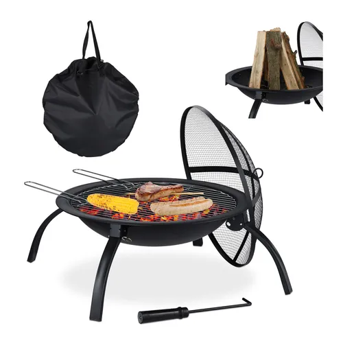 Relaxdays XL Feuerschale mit Tasche - Feuerstelle für Garten und Terrasse, mit praktischem Funkenschutz und klappbaren Beinen für einfachen Transport – ideal für gemütliche Grillabende im Freien.