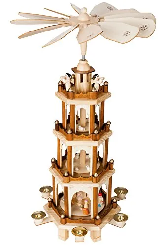 BRUBAKER Weihnachtspyramide Holzpyramide - 60 cm Höhe mit handbemalten Figuren - Weihnachtlicher Zierschmuck - 4 Etagen mit rotierenden Szenen der Weihnachtsgeschichte, ideal als Geschenk oder Dekoration für die festliche Zeit.
