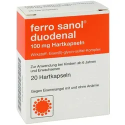 Ferro Sanol Duodenal Magens.res.pellets In Kapseln 20 ST - Arzneimittel gegen Eisenmangel, ideal während der Schwangerschaft und Stillzeit. Enthält Eisen(II)-glycin-sulfat-Komplex für verbesserte Verträglichkeit.