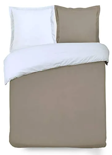 VISION Parure de couette Bicolore 100% coton - 1 housse de couette 220x240 cm + 2 taies 65x65 cm taupe et blanc