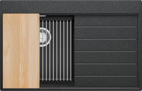 PRIMAGRAN Spülbecken Anthrazit 78x50cm, Granitspüle 1 Becken + Ablauf-Set + Küchenzubehörset, Küchenspüle ab 45er Unterschrank - Sydney S203