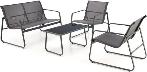 designimpex Garten-Essgruppe HGA-333 - Stilvolles 4-teiliges Gartenmöbel-Set in Anthrazit für entspannte Momente im Freien. Robuster Metallrahmen, pflegeleicht und wetterfest, ideal für Garten und Terrasse. Inklusive eleganten Couchtisch mit Glasplatte.