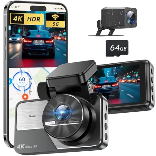 RENGAC Kamera: 4K+2K Full HD Doppel-Dashcam für Autos, mit integriertem 5G WiFi & 64GB SD-Karte, GPS, 3-Zoll IPS Display, UHD 2160P Nachtsicht, App-Steuerung, HDR, 24h Parküberwachung