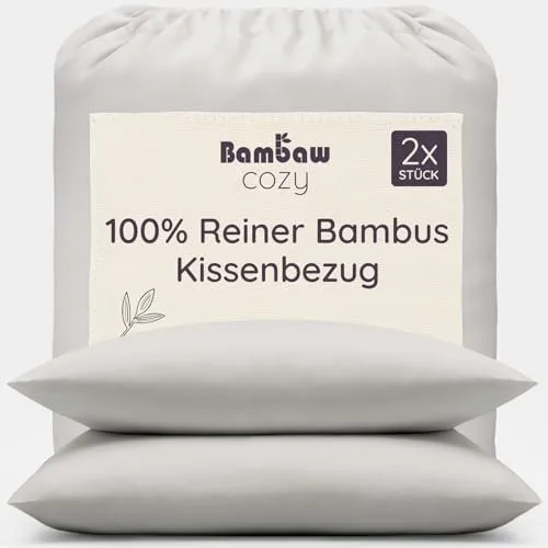 Bambaw Kissenbezüge 65x65 Bambus, 2-er Pack, 100% nachhaltige Bambusfasern, antibakterielle und antiallergische Bettwäsche, weicher und atmungsaktiver Kissenbezug, Oeko-Tex Zertifiziert (Grau)