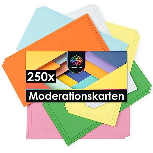 OfficeTree 250x Moderationskarten Rechteckig 20 x 9,8 cm - Metaplankarten Rechteckig 6 Farben - Moderationskarten Set Bunt - Lehrerbedarf für Präsentation und Vortrag