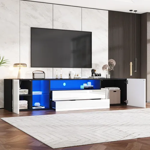 STILVORA TV-Schrank mit 2 Schubladen und 2 Schränken,Hochglanz-LED-TV-Ständer für 75-Zoll-Fernseher,Lowboard schwarz-weißer Spleiß